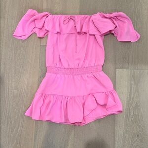 Pink Off-Shoulder Ruffle Romper Amanda Uprichard